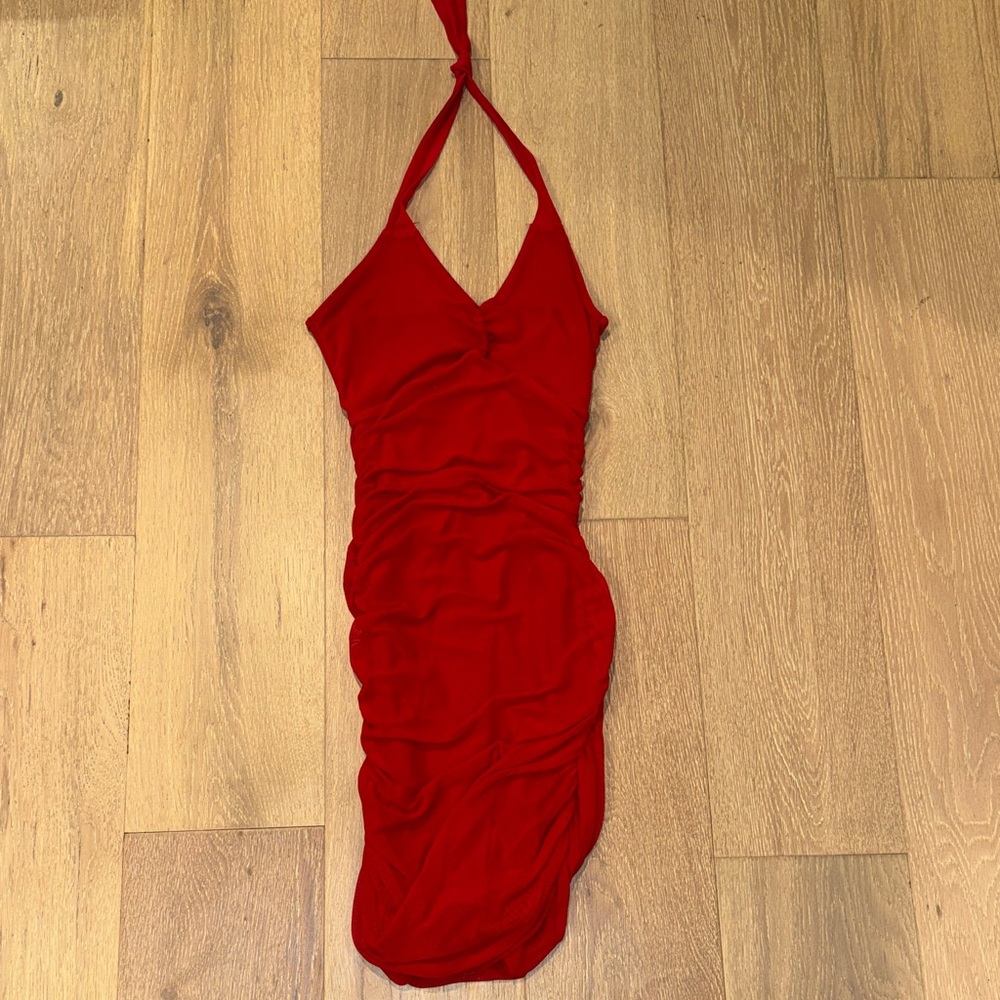 Red mesh mini dress